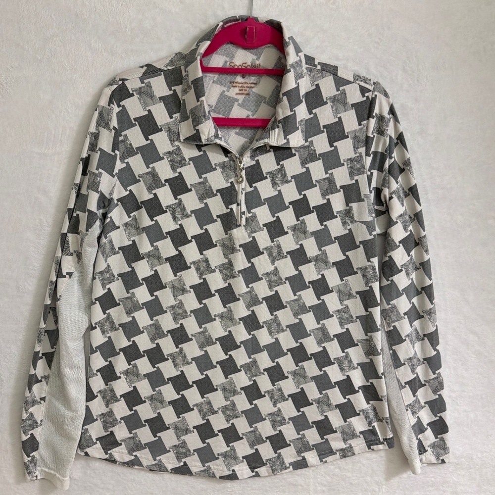 SanSoleil SolCool Womens Grey White Geometric Quarter Zip Golf Top UPF 50 Large